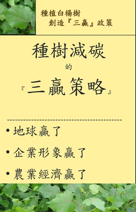 種樹減碳 地球贏了 企業形象贏了 農業經濟贏了 種植白楊樹 創造『三贏』政策 的 『三贏策略』