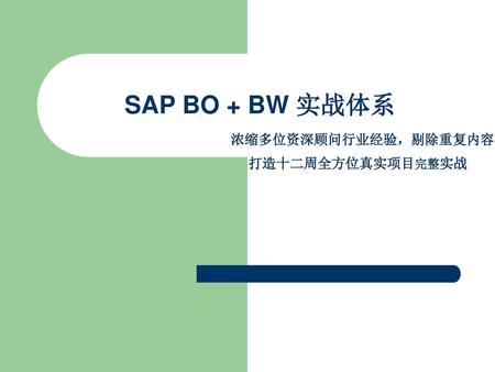 SAP BO + BW 实战体系 浓缩多位资深顾问行业经验，剔除重复内容 打造十二周全方位真实项目完整实战 有一个真相，那就是定位决定地位！