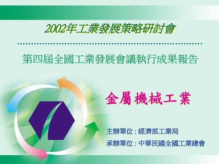 2002年工業發展策略研討會 目 錄 壹、應辦理事項執行進度 貳、重要執行成果及效益 參、結語 2 3 14.