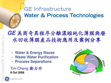 GE 美商奇異程序分離濃縮純化薄膜與廢水回收薄膜產品技術應用及案例分享