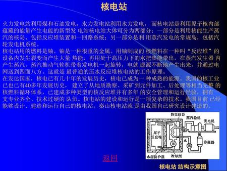 核电站 火力发电站利用煤和石油发电，水力发电站利用水力发电， 而核电站是利用原子核内部蕴藏的能量产生电能的新型发 电站核电站大体可分为两部分：一部分是利用核能生产蒸 汽的核岛、包括反应堆装置和一回路系统；另一部分是利 用蒸汽发电的常规岛，包括汽轮发电机系统。 核电站用的燃料是铀。铀是一种很重的金属。用铀制成的.