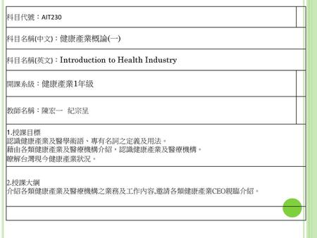 科目代號：AIT230  科目名稱(中文)：健康產業概論(一) 