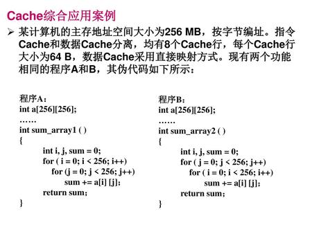 Cache综合应用案例 某计算机的主存地址空间大小为256 MB，按字节编址。指令Cache和数据Cache分离，均有8个Cache行，每个Cache行大小为64 B，数据Cache采用直接映射方式。现有两个功能相同的程序A和B，其伪代码如下所示： 程序A： int a[256][256]; …… int.