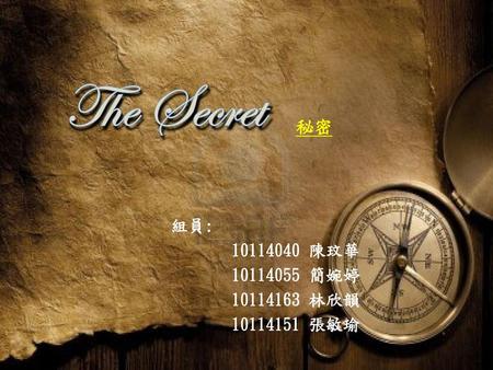 The Secret 秘密 組員: 10114040 陳玟華 10114055 簡婉婷 10114163 林欣韻 10114151 張敏瑜.