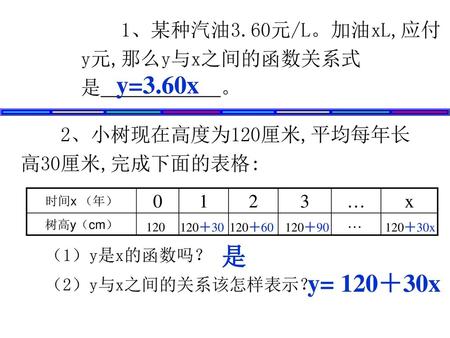 y=3.60x 是 y= 120＋30x 1、某种汽油3.60元/L。加油xL,应付 y元,那么y与x之间的函数关系式 是 。