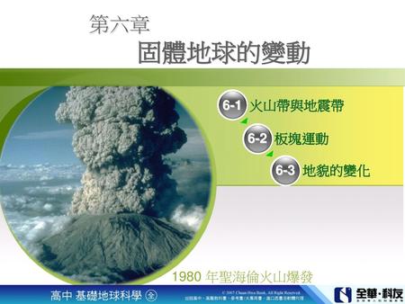 第六章 固體地球的變動 1980 年聖海倫火山爆發 壹、教學目標： 6-1 火山帶與地震帶 1.知道全球的火山帶和地震帶的分布。