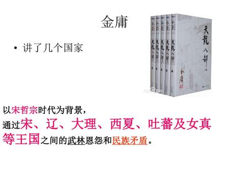 金庸 讲了几个国家 以宋哲宗时代为背景， 通过宋、辽、大理、西夏、吐蕃及女真等王国之间的武林恩怨和民族矛盾。