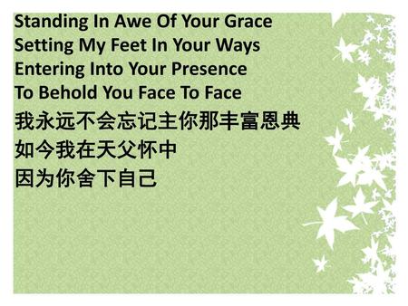 Standing In Awe Of Your Grace Setting My Feet In Your Ways Entering Into Your Presence To Behold You Face To Face 我永远不会忘记主你那丰富恩典 如今我在天父怀中 因为你舍下自己.