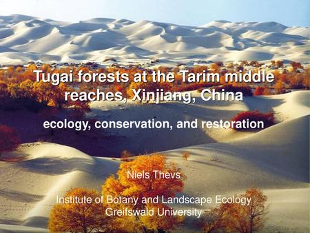 Tugai forests at the Tarim middle reaches, Xinjiang, China ecology, conservation, and restoration Niels Thevs Institute of Botany and Landscape Ecology.