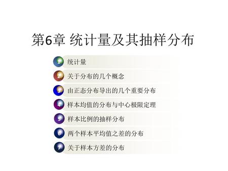 第6章 统计量及其抽样分布 统计量 关于分布的几个概念 由正态分布导出的几个重要分布 样本均值的分布与中心极限定理 样本比例的抽样分布