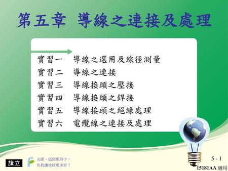 第五章 導線之連接及處理 實習一 導線之選用及線徑測量 實習二 導線之連接 實習三 導線接頭之壓接 實習四 導線接頭之銲接