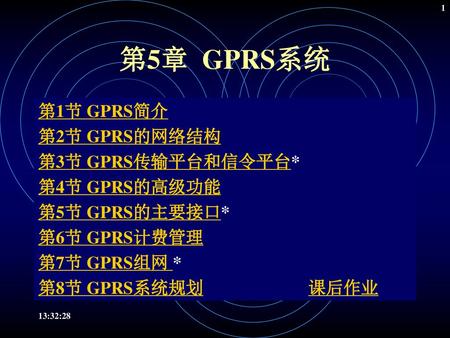 第5章 GPRS系统 第1节 GPRS简介 第2节 GPRS的网络结构 第3节 GPRS传输平台和信令平台* 第4节 GPRS的高级功能