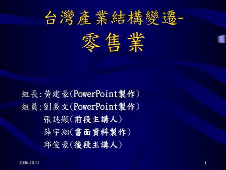 台灣產業結構變遷- 零售業 組長:黃建豪(PowerPoint製作) 組員:劉義文(PowerPoint製作) 張誌顯(前段主講人)
