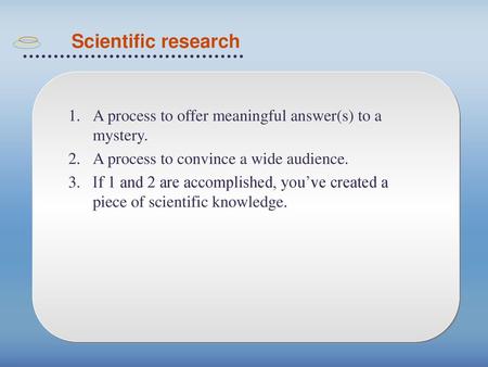 Scientific research A process to offer meaningful answer(s) to a mystery. A process to convince a wide audience. If 1 and 2 are accomplished, you’ve created.