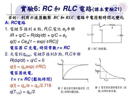 實驗6: RC 和 RLC 電路(課本實驗21) 目的: 利用示波器觀察 RC 和 RLC 電路中電荷對時間之變化 A: RC電路