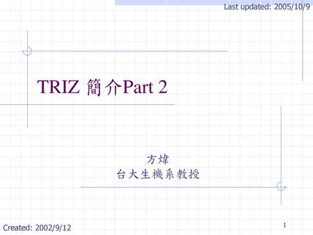 Last updated: 2005/10/9 TRIZ 簡介Part 2 方煒 台大生機系教授 Created: 2002/9/12.