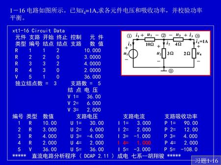 1－16 电路如图所示。已知i4=1A,求各元件电压和吸收功率，并校验功率平衡。