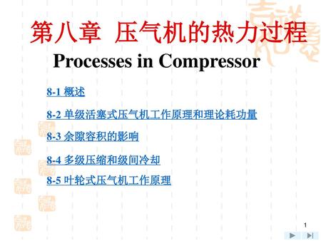 第八章 压气机的热力过程 Processes in Compressor 8-1 概述 8-2 单级活塞式压气机工作原理和理论耗功量