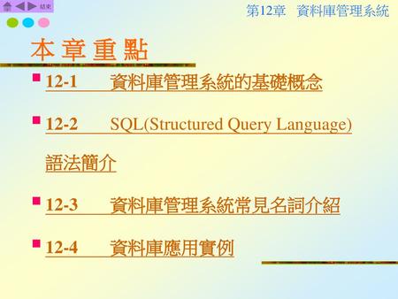 本 章 重 點 12-1 資料庫管理系統的基礎概念 12-2 SQL(Structured Query Language)語法簡介