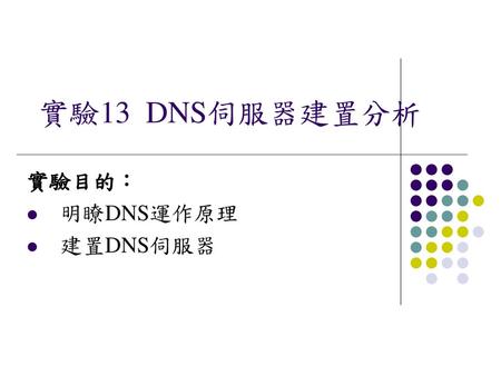 實驗目的： 明瞭DNS運作原理 建置DNS伺服器