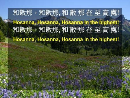 和散那，和散那, 和 散 那 在 至 高 處! Hosanna, Hosanna, Hosanna in the highest! 和散那，和散那, 和 散 那 在 至 高 處! Hosanna, Hosanna, Hosanna in the highest!