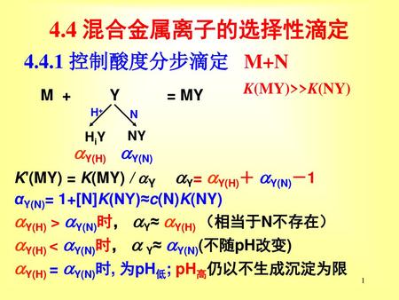 4.4 混合金属离子的选择性滴定 控制酸度分步滴定 M+N Y(N) Y(H)