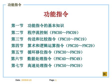 功能指令 第一节 功能指令的基本知识 第二节 程序流控制（FNC00～FNC09） 第三节 传送和比较指令（FNC10～FNC19）