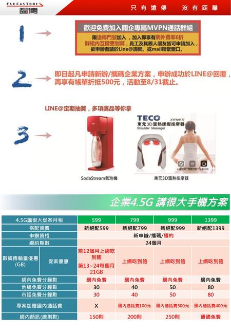 企業4.5G 講很大手機方案 4.5G講很大促案月租 搭配資費 新絕配599 新絕配799 新絕配999