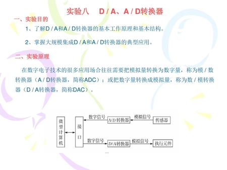 实验八 D / A、A / D转换器 一、实验目的 1、了解D / A和A / D转换器的基本工作原理和基本结构。