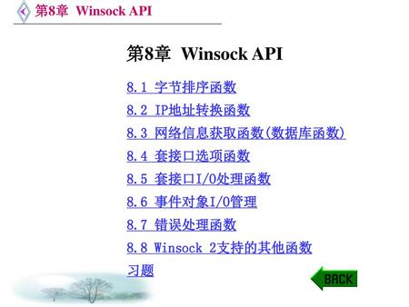 第8章 Winsock API 8.1 字节排序函数 8.2 IP地址转换函数 8.3 网络信息获取函数(数据库函数)