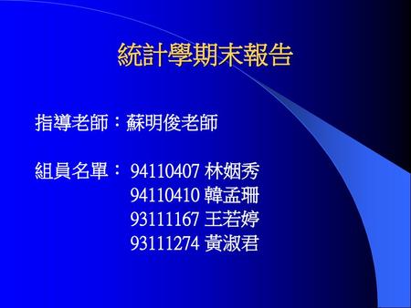 統計學期末報告 指導老師：蘇明俊老師 組員名單： 林姻秀 韓孟珊 王若婷