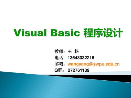 Visual Basic 程序设计 教师：王 杨 电话：