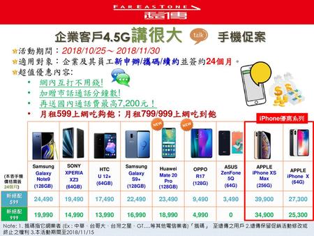 企業客戶4.5G講很大 手機促案 活動期間：2018/10/25～ 2018/11/30