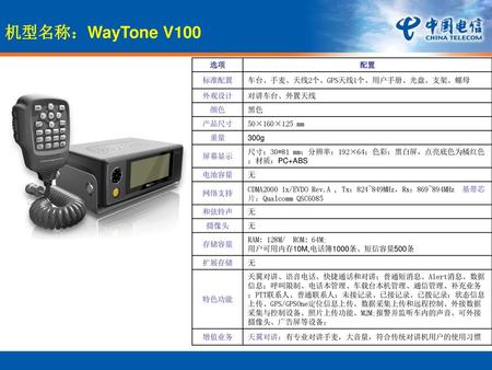 机型名称：WayTone V100 图片 选项 配置 标准配置 车台、手麦、天线2个、GPS天线1个、用户手册、光盘、支架、螺母 外观设计
