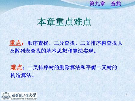 本章重点难点 重点：顺序查找、二分查找、二叉排序树查找以及散列表查找的基本思想和算法实现。