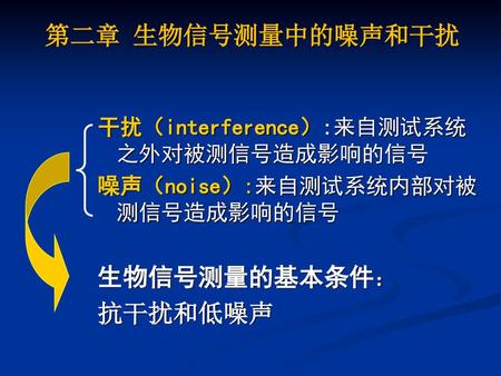 第二章 生物信号测量中的噪声和干扰 生物信号测量的基本条件： 抗干扰和低噪声