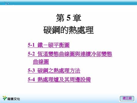 第 5 章 碳鋼的熱處理 5-1 鐵－碳平衡圖 5-2 恆溫變態曲線圖與連續冷卻變態 曲線圖 5-3 碳鋼之熱處理方法