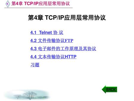 第4章 TCP/IP应用层常用协议 4.1 Telnet 协 议 4.2 文件传输协议FTP 4.3 电子邮件的工作原理及其协议