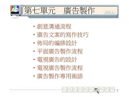 第七單元 廣告製作 創意溝通流程 廣告文案的寫作技巧 佈局的編排設計 平面廣告製作流程 電視廣告的設計 電視廣告製作流程 廣告製作專用術語.