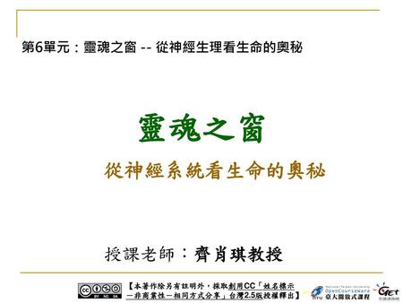 靈魂之窗 從神經系統看生命的奧秘 授課老師：齊肖琪教授 第6單元：靈魂之窗 -- 從神經生理看生命的奧秘