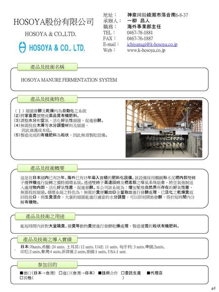 HOSOYA股份有限公司 HOSOYA & CO.,LTD. 地址： 承辦人： 職務： TEL： FAX：  ： Web：