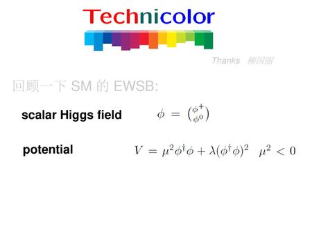 Thanks 柳国丽 回顾一下 SM 的 EWSB: scalar Higgs field potential.