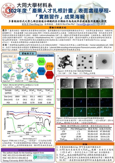 102年度「產業人才扎根計畫」表面處理學程-「實務習作」成果海報 多層殼核形式之聚乙烯亞胺複合磷酸鈣奈米顆粒作為高效率非病毒基因載體之研究