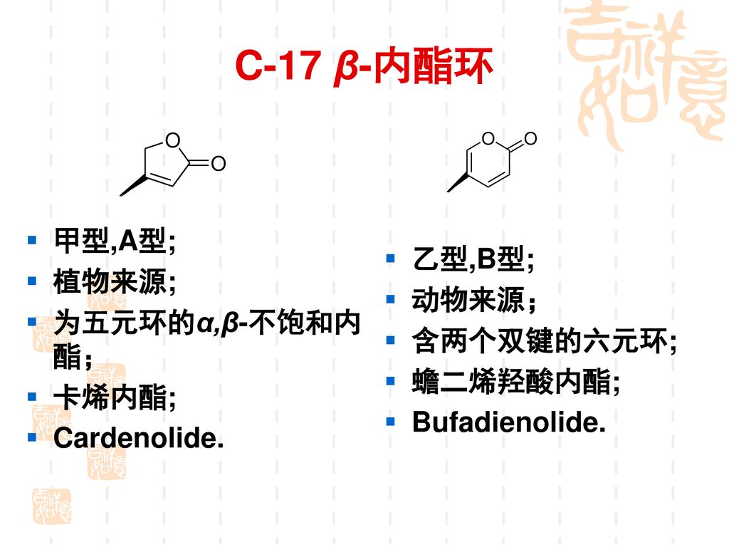 C-17 β-内酯环 甲型,A型; 植物来源; 乙型,B型; 动物来源； 为五元环的α,β-不饱和内酯； 含两个双键的六元环; 卡烯内酯;