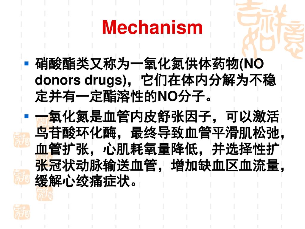 Mechanism 硝酸酯类又称为一氧化氮供体药物(NO donors drugs)，它们在体内分解为不稳定并有一定酯溶性的NO分子。