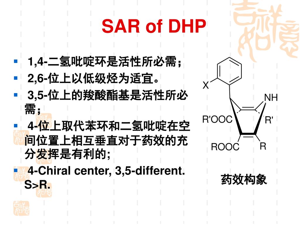 SAR of DHP 1,4-二氢吡啶环是活性所必需； 2,6-位上以低级烃为适宜。 3,5-位上的羧酸酯基是活性所必需；
