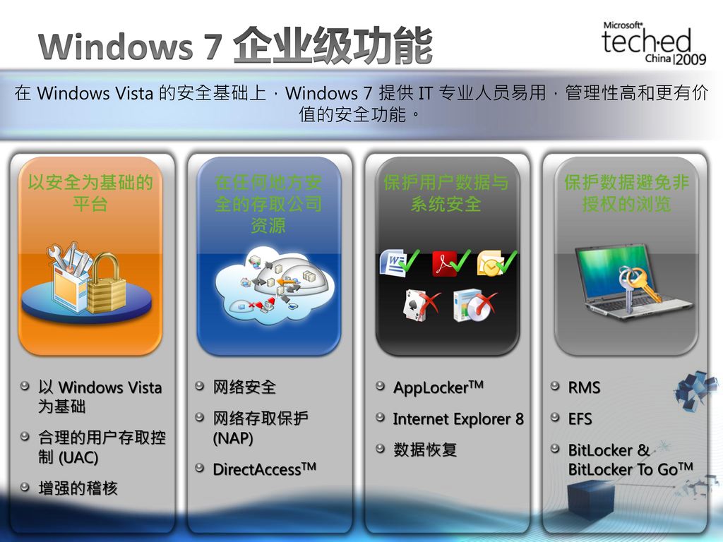 在 Windows Vista 的安全基础上，Windows 7 提供 IT 专业人员易用，管理性高和更有价值的安全功能。