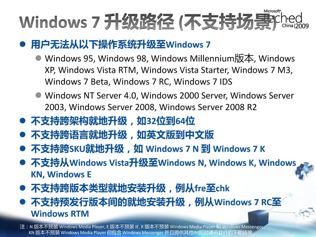Windows 7 升级路径 (不支持场景) 用户无法从以下操作系统升级至Windows 7