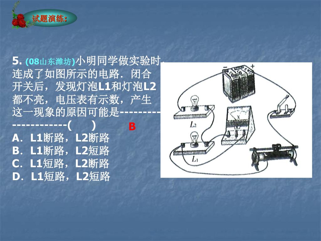 试题演练: 5. (08山东潍坊)小明同学做实验时，连成了如图所示的电路．闭合开关后，发现灯泡L1和灯泡L2都不亮，电压表有示数，产生这一现象的原因可能是 ( )