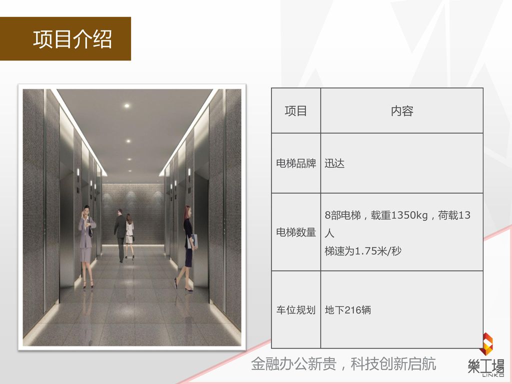 项目介绍 项目 内容 电梯品牌 迅达 电梯数量 8部电梯，载重1350kg，荷载13人 梯速为1.75米/秒 车位规划 地下216辆